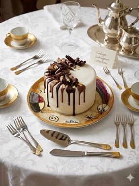 Vintage Gottinghen Cake Plate & 18/10 Stainless Silverware Set 24k Gold Plated